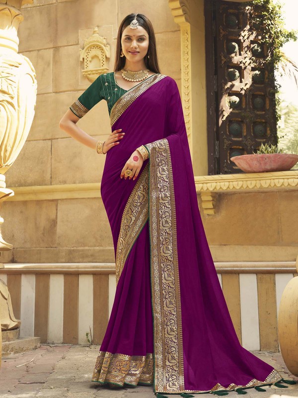 Purple Vichitra Silk Embroidered Saree